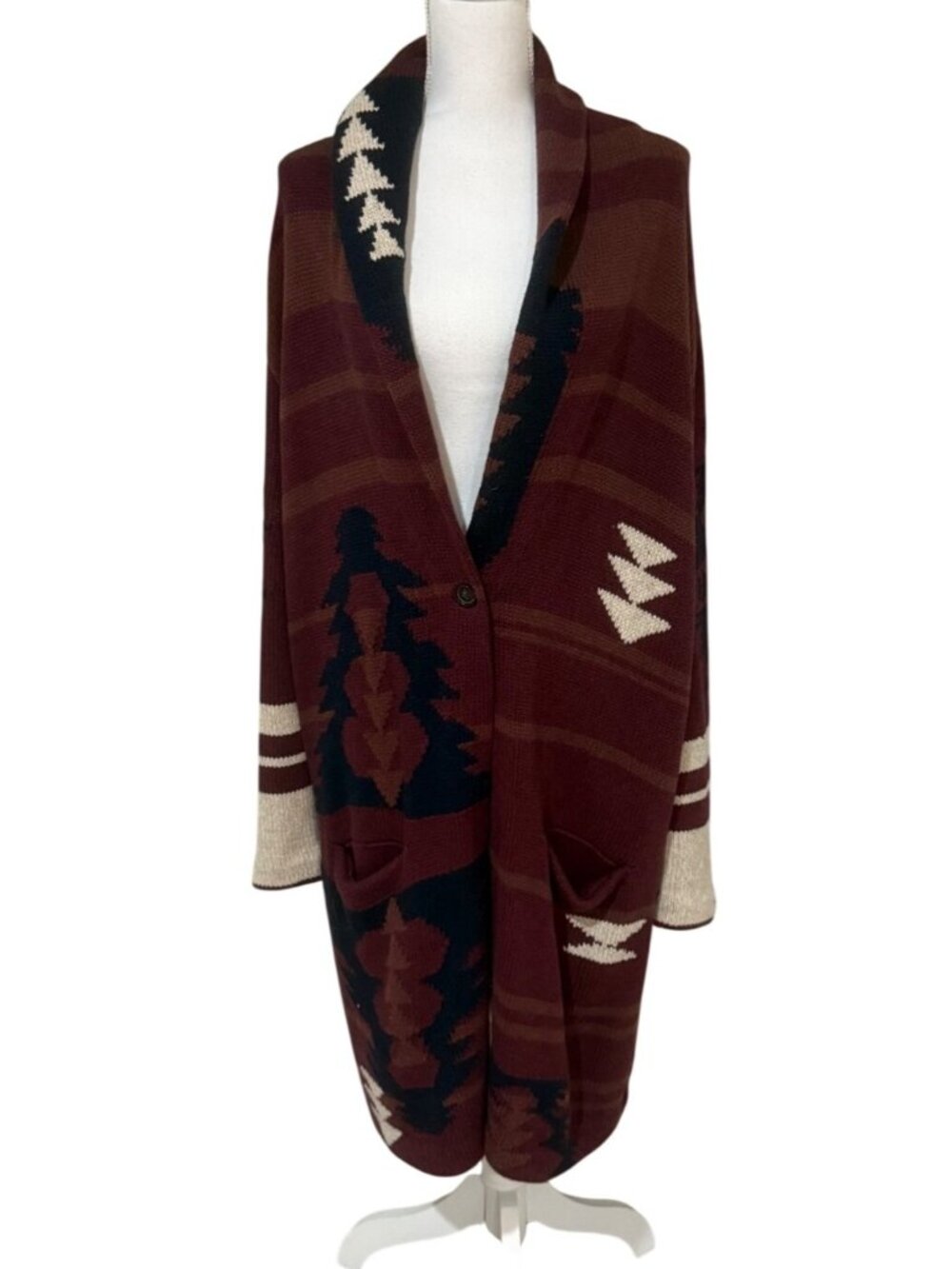 PENDLETON Cardigan Women's Size XL Graphic SweaterCoat Maroon Aztec Wool Cotton - Picture 2 of 13